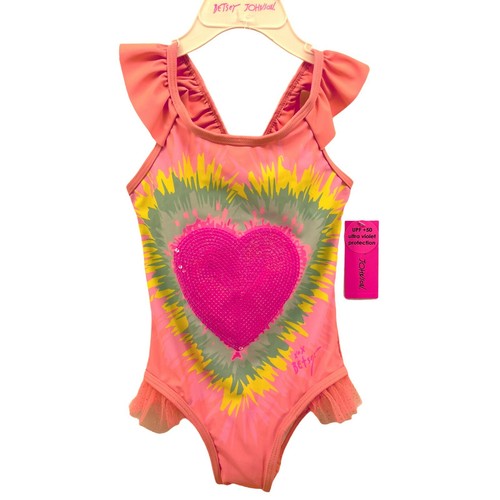 Betsey Johnson Swimsuit Girls 5 Coral Sequin Heart 1Piece Racerback Bathing Suit - Picture 8 of 8