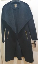 Biba Tokyo Night Black Waterfall Front Bonded Suedette Faux Fur Long Coat Sz 6 8