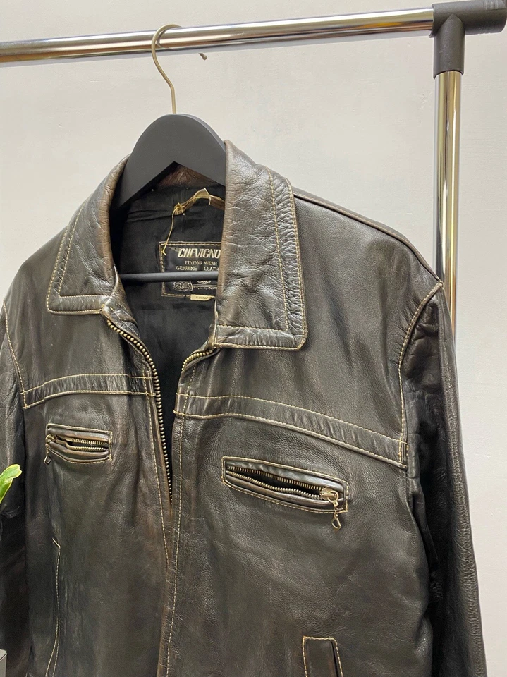 Chevignon Brown Heavy Flying Leather Jacket Size XL Men Rare Army  - Image 4 of 4