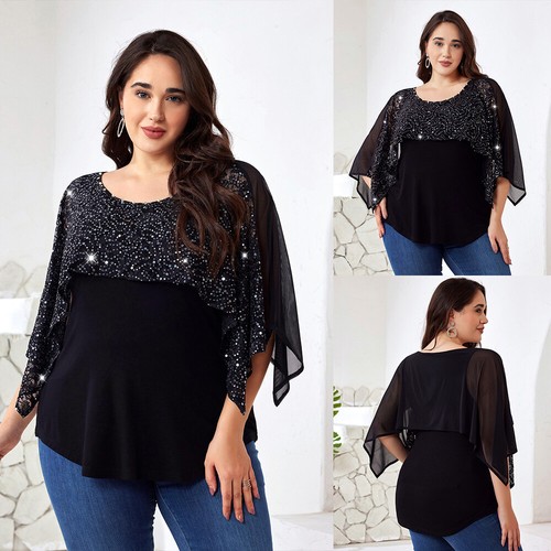 Plus Size Women Sequin Solid Half Sleeve Mesh Blouse Shirt Ladies Party Pullover