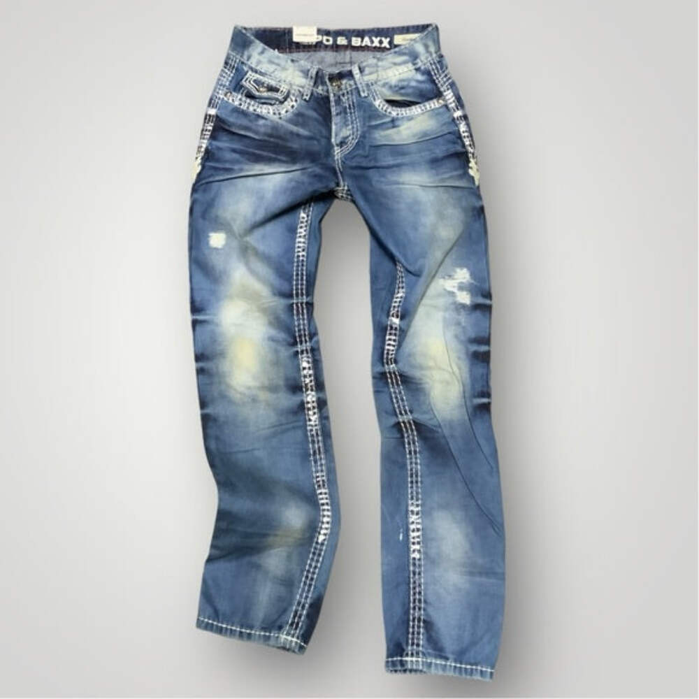 Men's Cipo & Baxx CD149 Blue | White Sandblast Denim Casual Button-Fly Pants NWT image 2