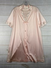 Vtg JC Penney Robes Nightgown Womens Sz M Pink Satin Embroidered Button Up