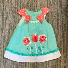 Dymes Rare Editions Floral Applique Dress Polka Dot Bows Spring Easter Baby 12M