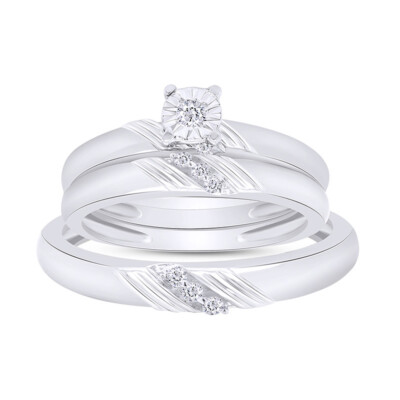 Natural Diamond His Her Engagement Wedding Ring Trio Set