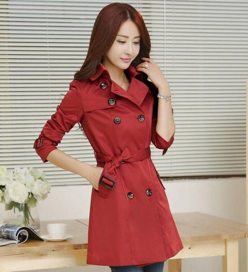 Women Double Breasted Slim Fit Belt Jacket Spring Casual Windbreaker Trench Coat - Image 4 of 4