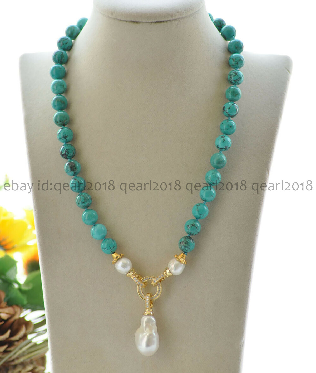 Natural Green Turquoise Beaded Keshi Pearl Pendant Necklace