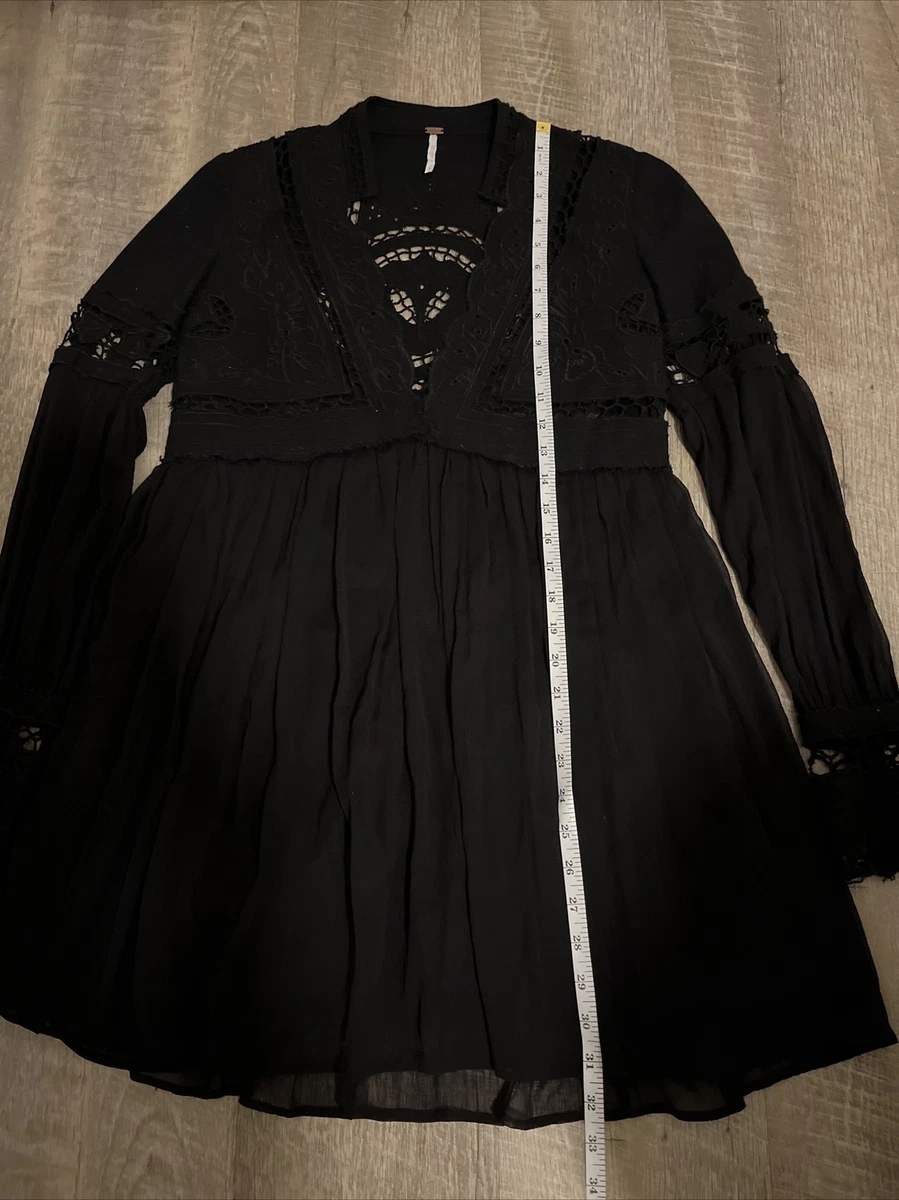 Free People Black Crochet Mini Dress Tunic Top Long Sleeve Size 2