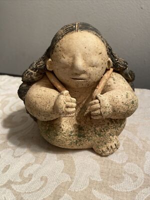 Vintage Pottery Sculpture Girl Carrying Water Jug Fernando Botero-esque