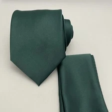 Mens Solid Self tie Neck Tie Necktie And Pocket Square Hankie Dark Forest Green