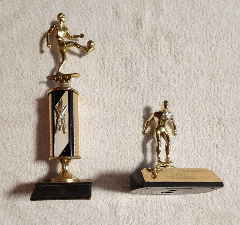 2 Vintage Trophies Soccer  1980s Swimming 1993 Trophy Wooden And Plastic Base