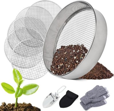 Gartensieb aus Edelstahl,5 in1 Gartensieb Rund 20 cm,mit 5 Austauschbare Sieb...