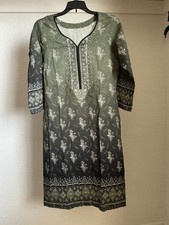 Indian Pakistan Women Kurta Tunic Top Readymade Dress Cotton Hand Sewing Olive