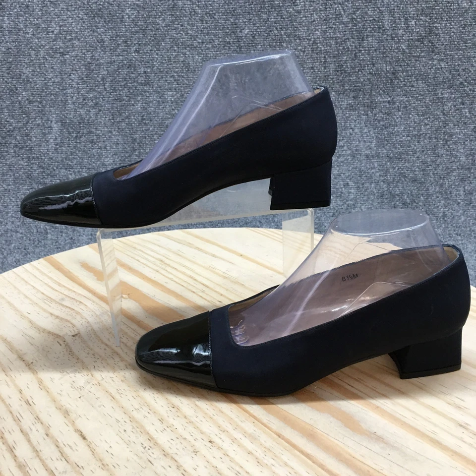 Talbots Shoes Womens 8.5 M Slip On Pumps Black Leather Cap Toe Heels Casual - Image 2 of 4