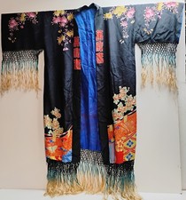 Vtg Black Silk Chinese Kimono House Robe w/Floral Geometric Design Tassels 52"