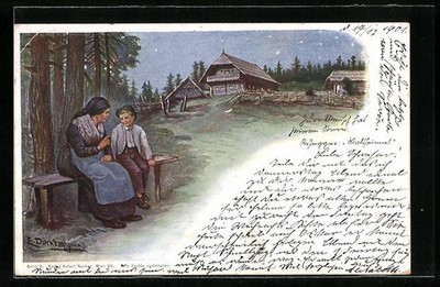 Artist Postcard E. Döcker: Mother and Son in Starry Night on the Bench 1901 