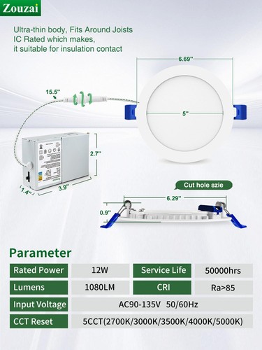 6 Inch 5CCT Ultra-Thin LED Recessed Ceiling Light with Junction Box, 2700K/30... - Picture 5 of 9