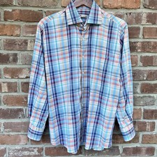 Peter Millar Button-Up Shirt Men s Medium 100 Cotton Blue Plaid Long Sleeve EUC