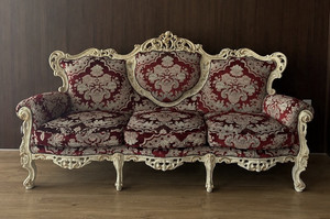 Louis XV Style Carved Upholstered Damask Sofa, Red/Beige + Solid Wood Frame