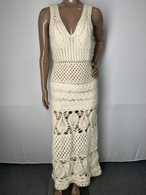 Ulla Johnson Womens Midi Dress Cream Beige Size M Alexis Crochet V-Neck Wool