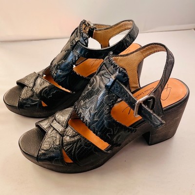 Patricia Nash Viola Black Tooled Leather Sandals Heels Boho Sz 7.5 NEW Open Toe