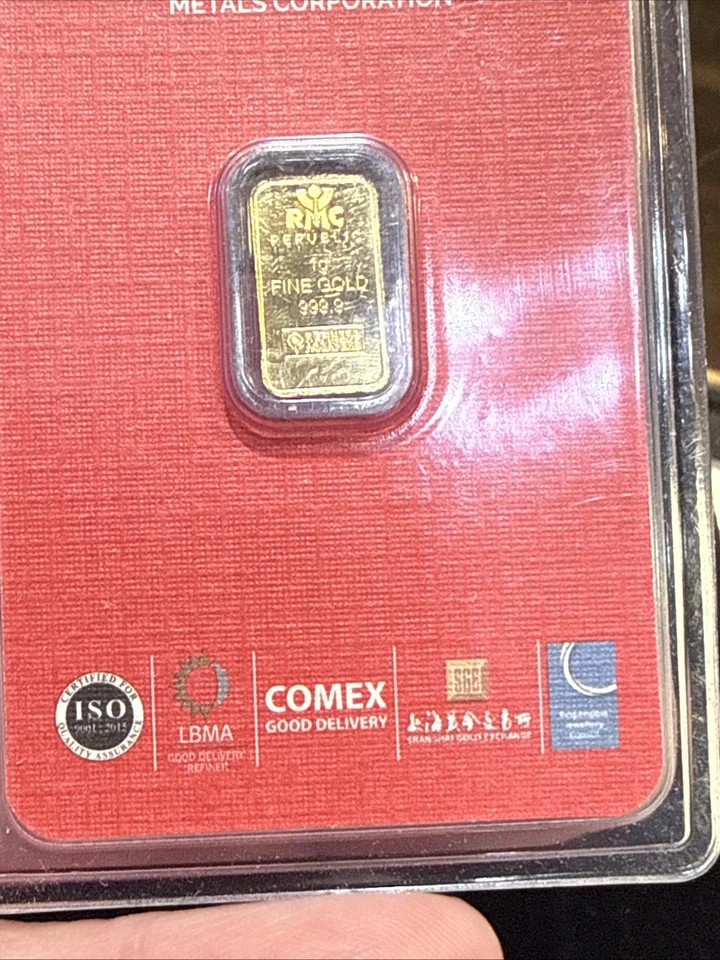 Barra de oro fino de 1 gramo RMC Republic Metals Corporation 999,9 sellada en ensayo Foto 3 de 4