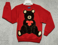 Vintage 80s Teddy Bear Red Tultex Sweatshirt Fur 3D Applique Womens S