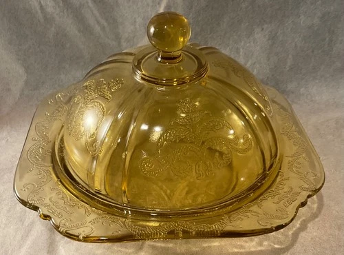 Vintage Federal Glass Madrid Pattern Yellow Amber Butter/Cheese Covered Dish