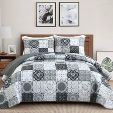 Grey Black Quilt Set Queen Size, Boho Plaid Patchwork Bedspreads Coverlet Set, 3
