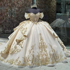 Custom Champagn Ball Gown Quinceanera Dress  Gold Lace Applique Beading Tiered