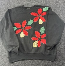 VTG Lee Sturdy Sweats USA Christmas Sweatshirt XL Applique Poinsettia Black