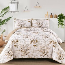 Aninbedding Floral King Quilt Set,Brown Botanical Bedspread Coverlet Set with...