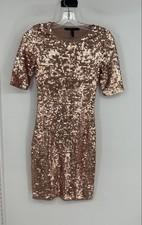 BCBGMAXAZRIA Womens Gold Sequin Short Sleeve Sheath Dress Size XS