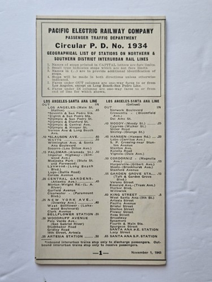 #ad #ad 1943 Pacific Electric Railway Circular P.D. 1934 Station List $26.00