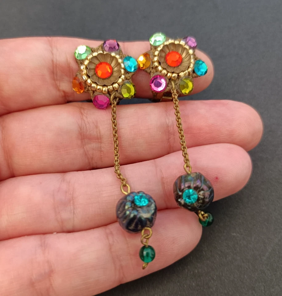 Vintage Michal Negrin Clip On Earrings Long Dangle Colorful Crystal Floral Early - Image 2 of 4
