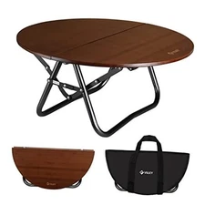  Bamboo Round Folding Table, Camping Half-fold Portable Table with Carrying 