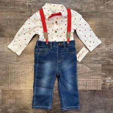 NWT Cat  Jack Baby Boy Valentines Day Suspender Outfit With Heart Top 6-9 Month