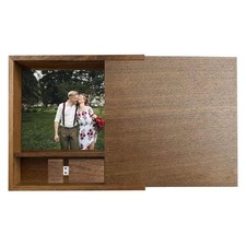 Walnut Wooden 4x6 Photo Box with USB Compartment, Photography Keepsake Storag...