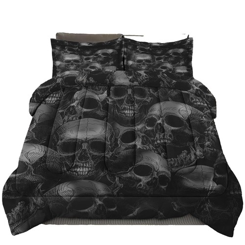 Bohemian Moth & Skull Comforter Set Queen - Black White Gothic Bedding, 3D Print Duvet Cover & Pillowcases - View #8