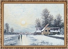 Paysage D'Hiver Village Neige Huile Sur Toile Signé Tableau Avec Cadre