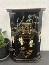 Vintage Asian Black Lacquer Cabinet Hand-Painted Oriental Design with MOP inlay