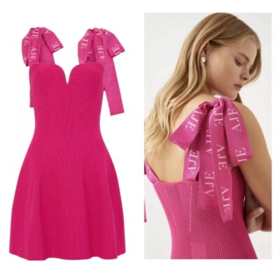 AJE Dress Mini Amber Knit Womens Small AU 8 US 4 Logo Tie Shoulder Fuchsia  Pink | eBay