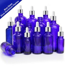 BLUE Glass Dropper Bottle with SILVER Pipettes Oils Aromatherapy Ear Eye Drops