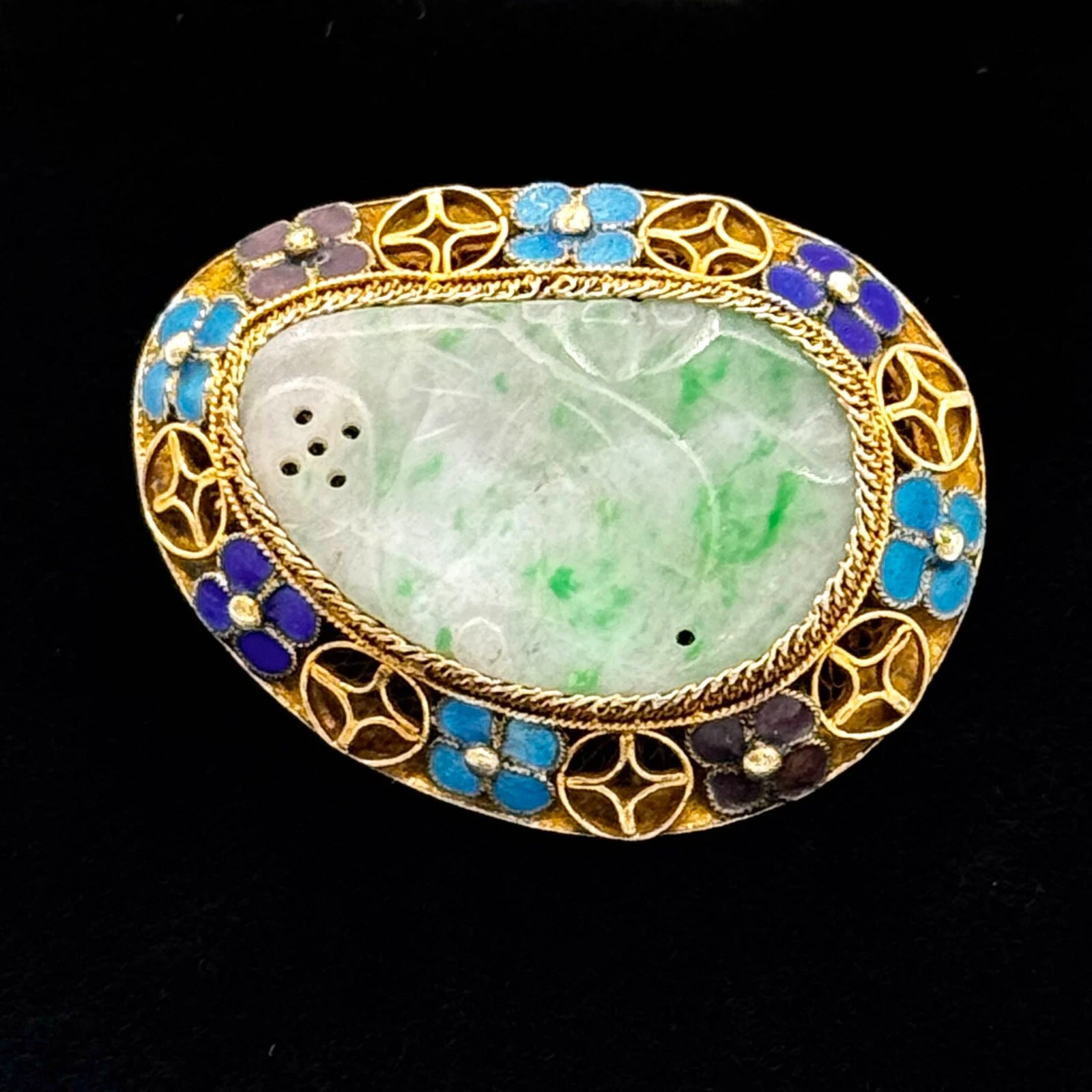 Vtg. Chinese Gold-Plated Silver Filigree Brooch w Jadeite Jade & Enamel (YiA)9