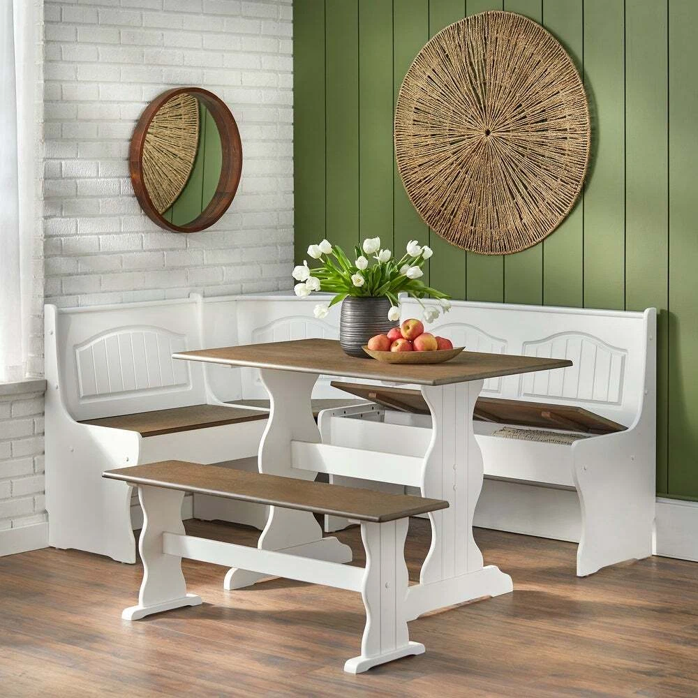 3 pc Rustic Wooden Breakfast Nook Dining Set Corner Booth Bench Kitchen  Table