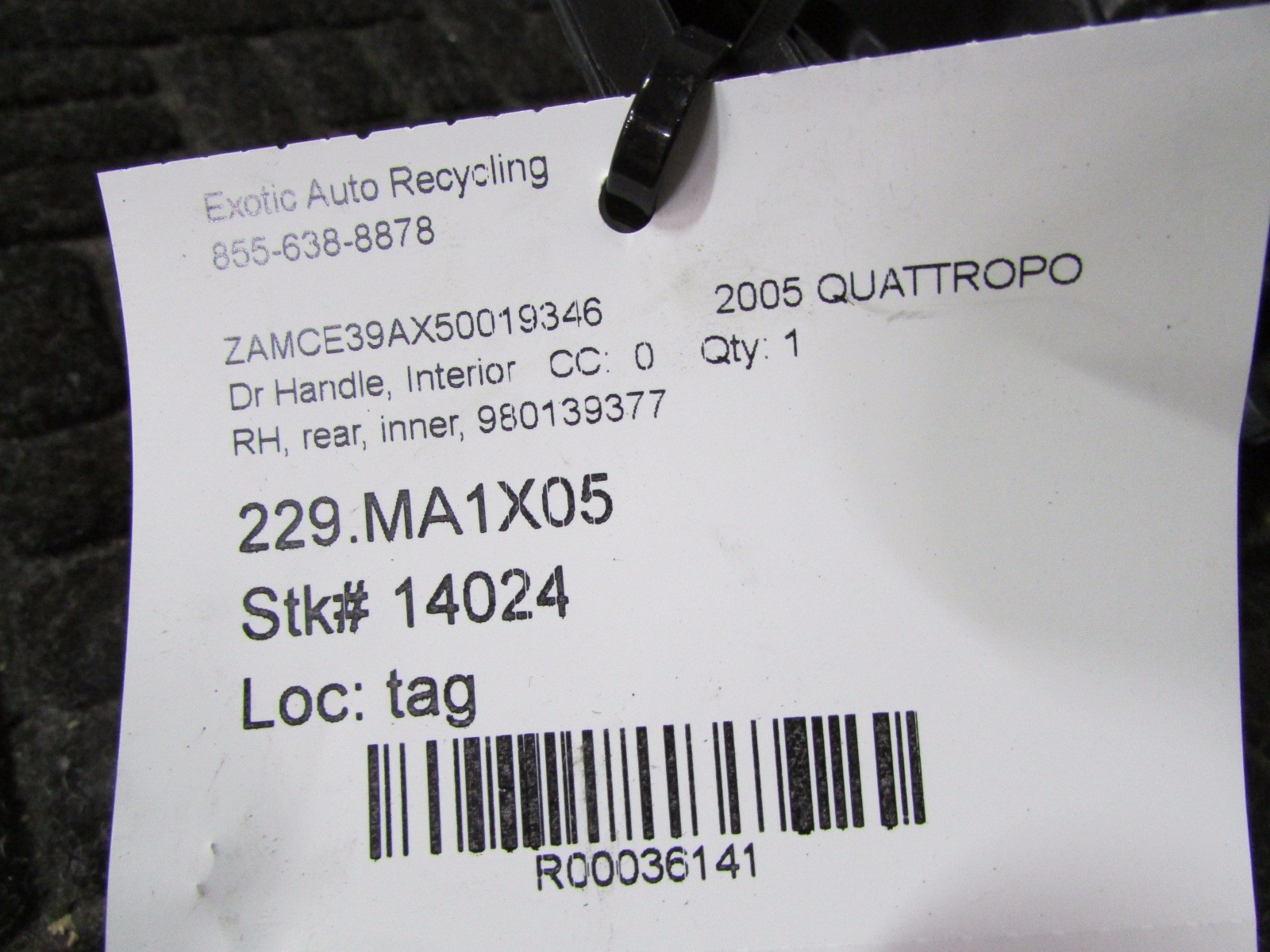 Maserati Quattroporte, RH, Right Rear Inside Door Handle, Used, P/N 980139377