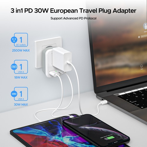 Adaptador de viaje Europa tipo C, G, LPlug EE. UU. a Europa toma de CA y 2 puertos USB - Imagen 6 de 25