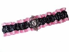Wedding Garter Pink Black Silver Swirls Satin Prom Lingerie Rhinestone Pendant