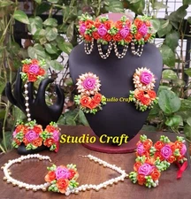Women fashion flower  earrings tika bracelets necklace haldi mehandi babyshower
