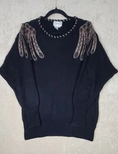 Vintage Cedars Womens Sweater Black Silk Blend Faux Leather Patches Brown Sz M