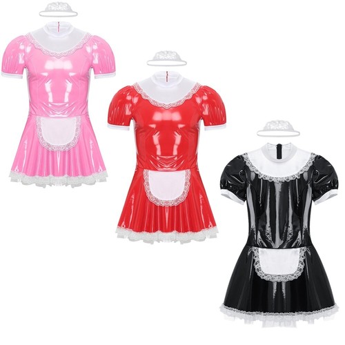 Mens Clubwear Role Play Maid Costumes Patchwork Dress With Lace Headband Apron - Afbeelding 1 van 15